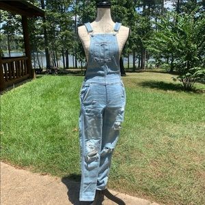 NWT - AEO TomGirl Destroyed Light Wash Overalls